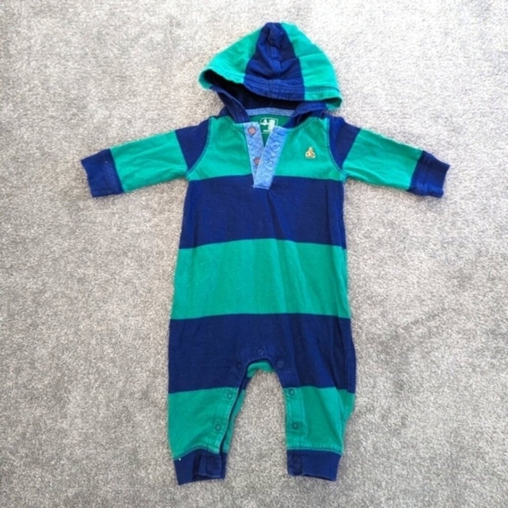 BABY Gap blue and green thick striped hooded footies romper arm patch 3-6 months